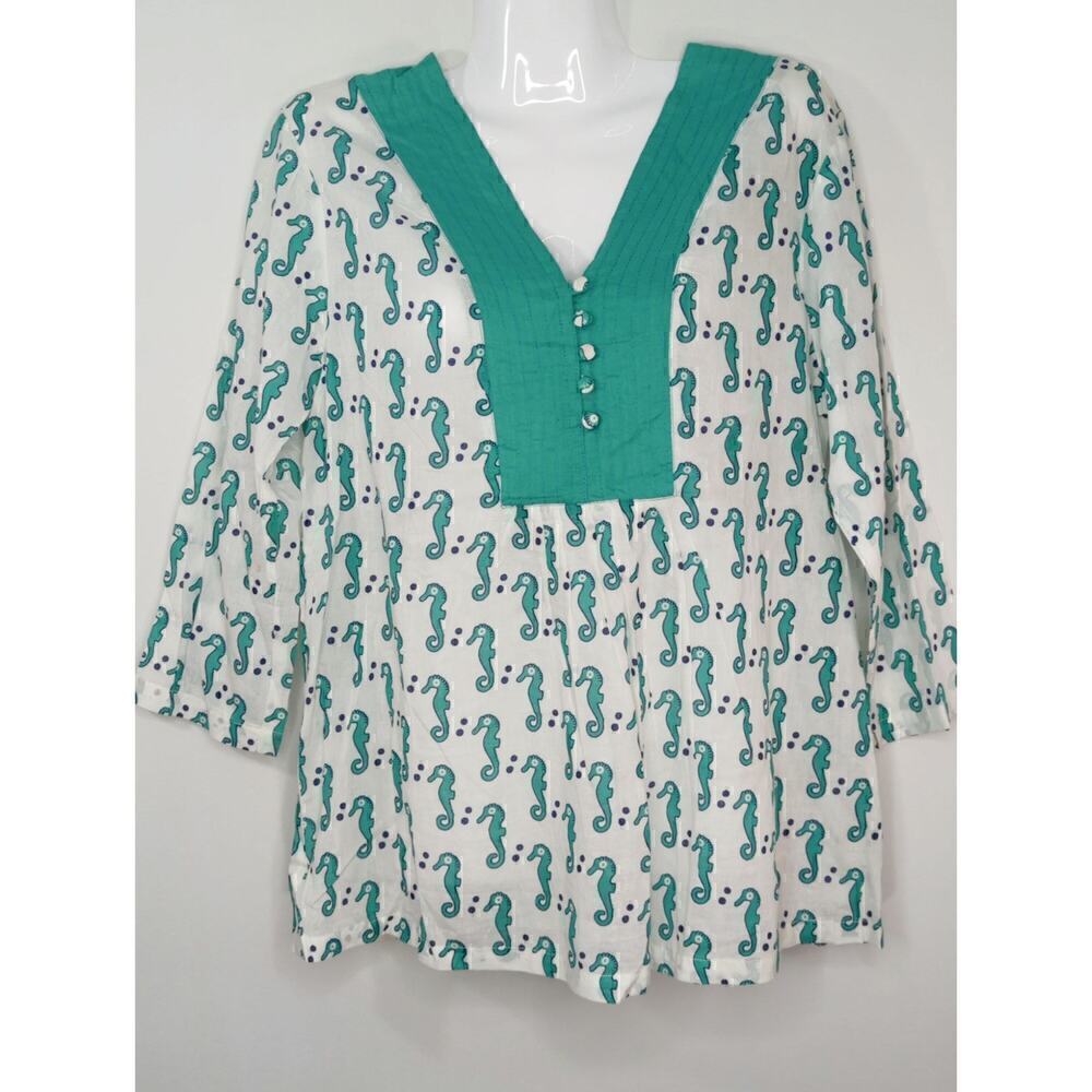 Haute Latitude Teal Seahorse Print‎ V-Neck Cotton Blouse Small NWT